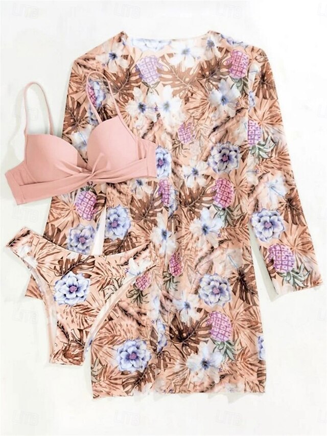 Women's Tropical Print Bikini Deep V-neck Long Sleeve Three Pieces Set