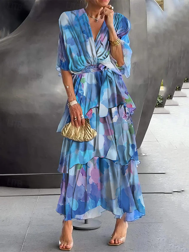 Women's Long Dress Maxi Dress A Line Dress Elegant Formal Date Regular Fit Floral Half Sleeve V Neck Blue Summer 5