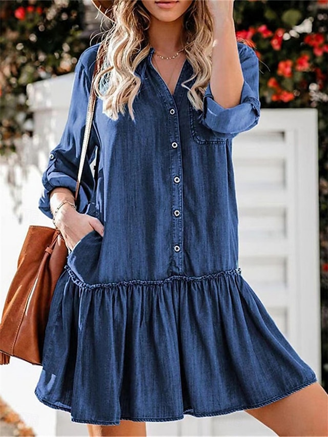  Women's Denim Dress Mini Dress Ruffle Patchwork Casual V Neck Long Sleeve Blue Color