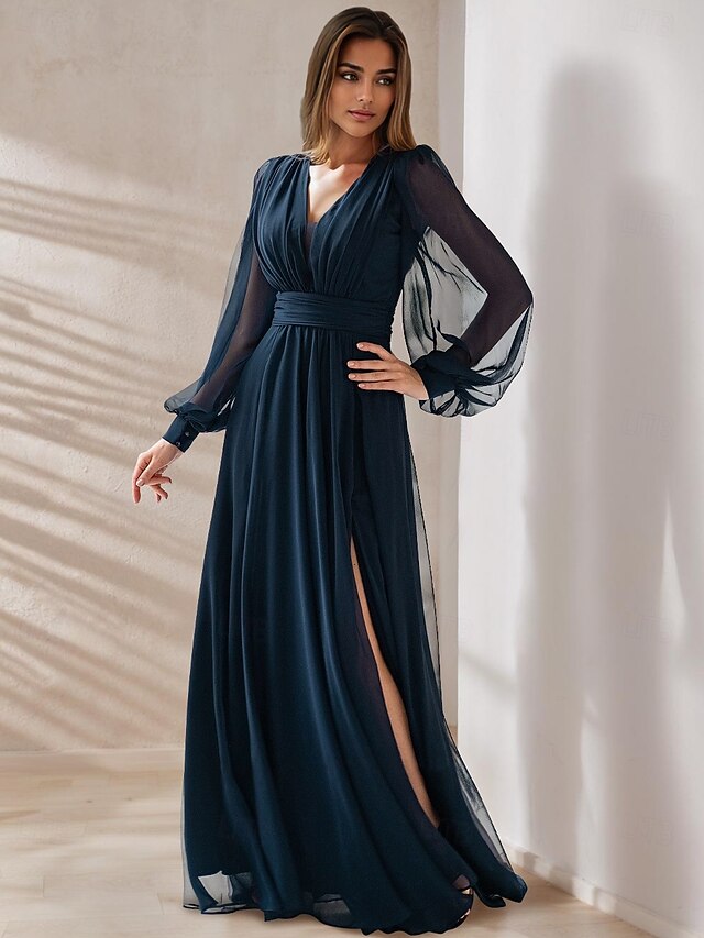 A-Line  Mother of the Bride  Elegant Party V Neck Floor Length Chiffon Corded Lace Long Sleeve Wrap Included with Ruching4