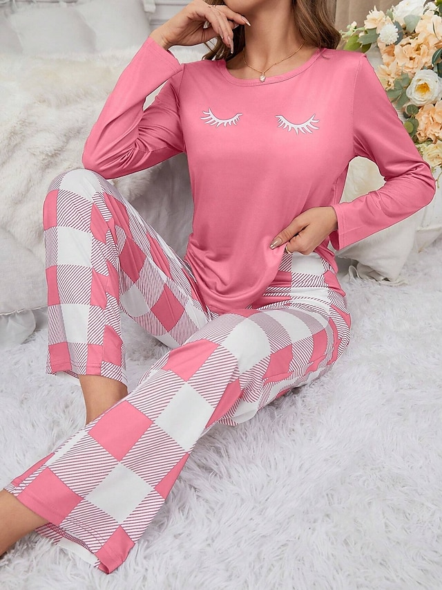  Dam Pyjamas set Ledigt Komfort Comfrt Tecknat Rutnät / Pläd T-shirt Byxa Hem Långärmad Rund hals Svart Rodnande Rosa Vår Höst Vinter