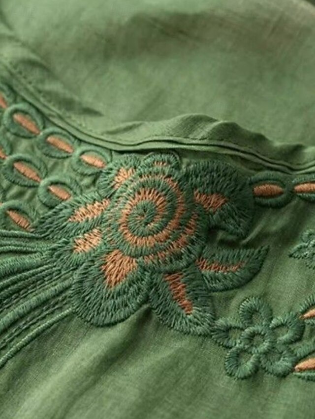 Patchwork Cotton Blouse Embroidered Stripes Round Neck Breathable Linen Blend For Summer Women