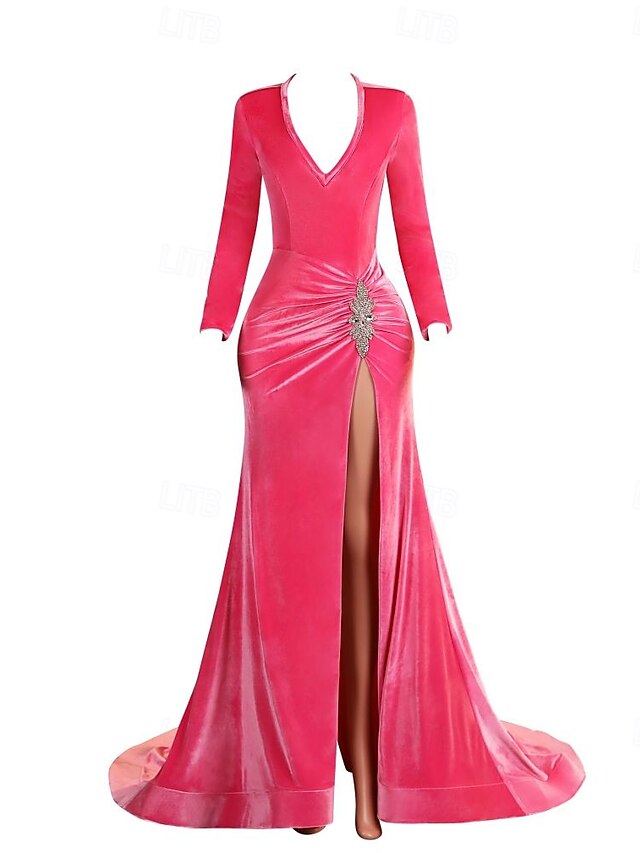  Meerjungfrau/Trompete Abendkleid elegantes Kleid Abend Party Verlobung Hofschleppe Langarm V-Ausschnitt Samt mit Schlitz Applikationen 2025