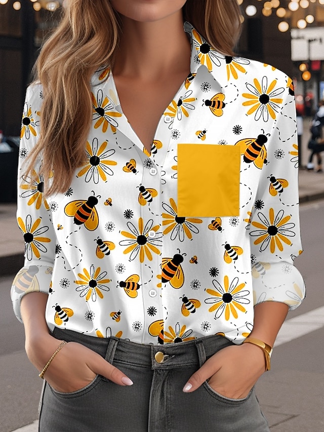  Women's Shirt Bee Modern Casual Long Sleeve Shirt Collar Regular Tops Work Daily Buttons Print Yellow Spring Fall