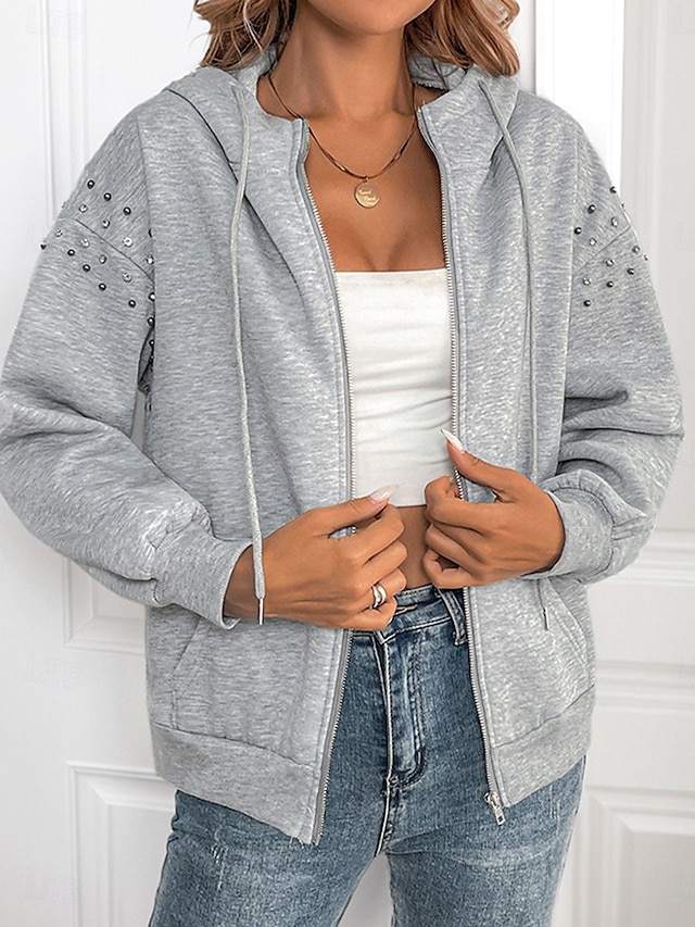  Mulheres Moletom com zíper Tecido Moderno Confortável Manga Longa Com Capuz Tops regulares Casual Patchwork Zíper Bolsos Cinzento Primavera Outono Inverno