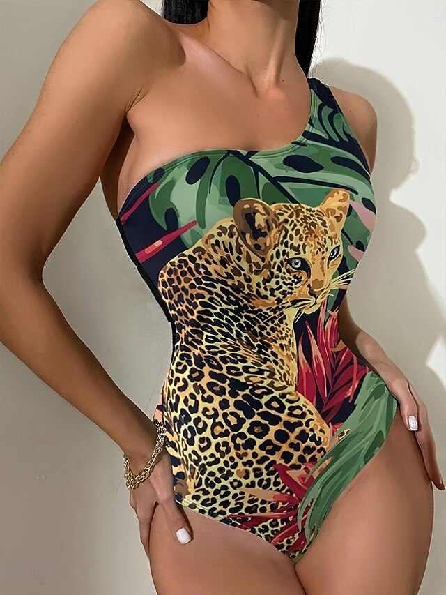 Women's Swimsuits One Piece Monokini Swimsuit Backless Tummy Control High Waist Slim Vacation Beach Wear Leopard Leaves Asymmetric Neck Sleeveless Bathing Suits4