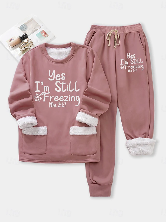 Women's Pajamas Set Fleece Lined 2 Sweatshirt Tracksuits Pieces Fleece Lined Sweatsuits Top and Pant Letter Warm Comfort Soft Home Daily Bed Warm Breathable Crew Neck Pullover Pant Elastic Waist Fall 8