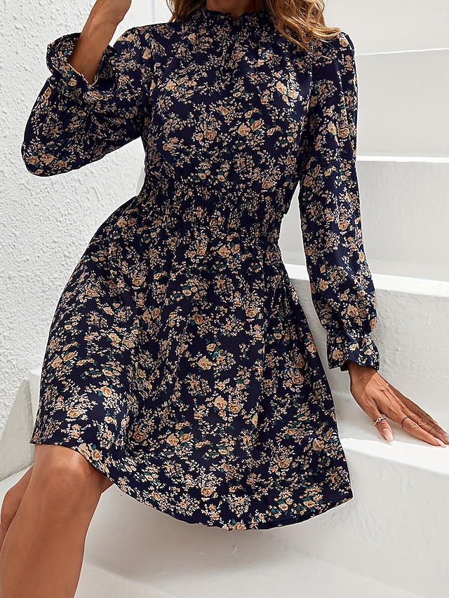  Women's Normal Midi Dress Chiffon Dress Elegant Vacation Date Regular Fit Floral Graphic Long Sleeve Stand Collar Navy Blue Spring Fall