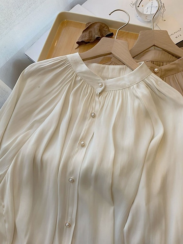  Dame Skjorte Helfarge Elegant Stilfull Fritid Langermet Høyhalset Vanlige topper Arbeid Daglig Ut på byen Svart Blå Kakifarget Beige Sommer Vår Høst