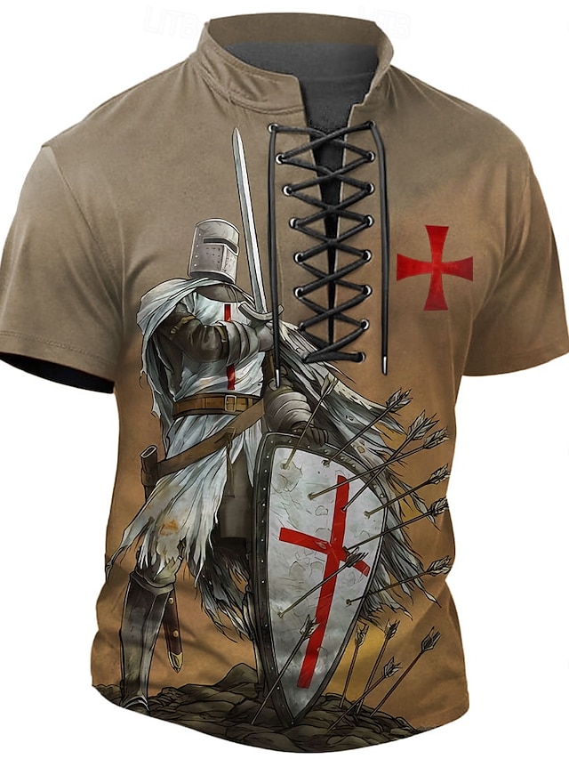  Férfi Keresztes Lovagok Henley ing Póló póló Rövid ujjú póló 3D nyomtatás Fűzős nyak Henley Ing Alkalmi Szabadtéri sport Hétköznapi Napi Khakizöld Tavaszi nyár Ruházat S M L XL XXL XXXL