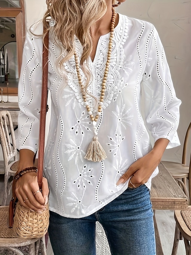  Damen Elegante Weiße Spitzen Tops Ösen Bluse Lässig Einfarbig Reguläre Tops Langarm Eingekerbter Ausschnitt Ösen Reguläre Passform Täglich Weiß Romantische Petite Tops Sommer Urlaub Tragen