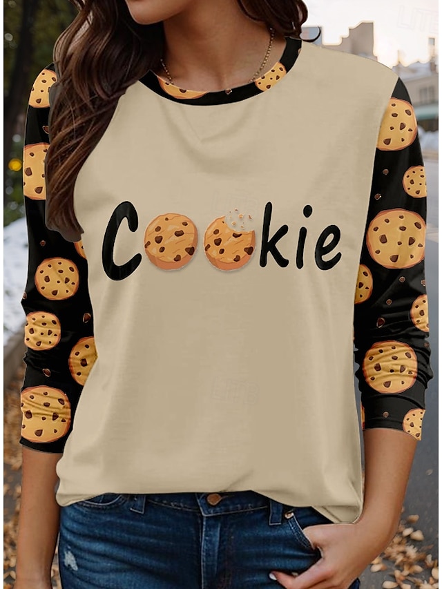  Dam T-shirt Grafisk Ledigt Långärmad Rund hals Vanliga toppar Dagligen Mönster Beige Vår Höst
