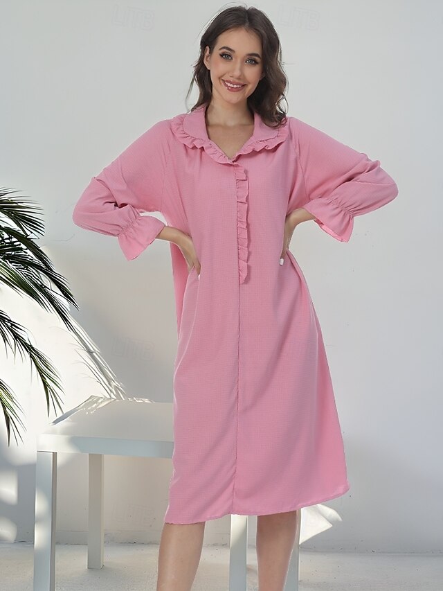  Women's Pajamas Loungewear Nightgown Pure Color Simple Casual Comfort Home Gift Daily Comfort Gift Lapel Long Sleeve Dress Ruffle Summer Spring