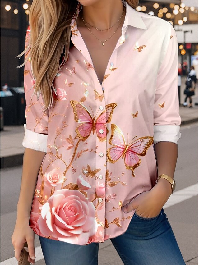 Valentine's Day Women's Shirt Button Down Tunic Shirt Collar Long Sleeve Butterfly Casual Regular Tops Work Daily s Print Pink Spring Fall Winter4