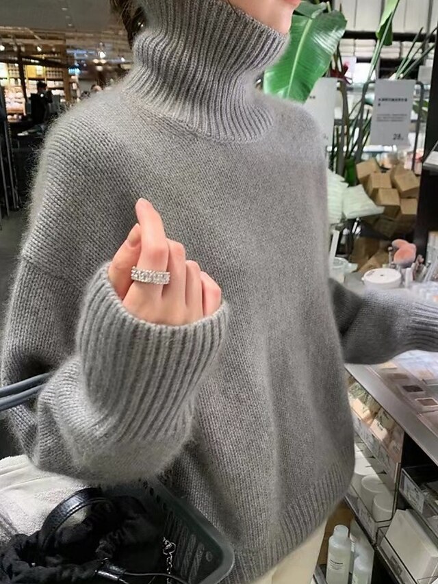 Women's Sweater Casual Soft Pure Color Ribbed Turtleneck Knitted Long Sleeve Regular Tops Knit Outdoor Daily Weekend Camel Beige Fall Winter4