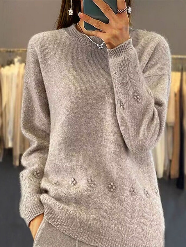  Dames Trui Casual Zacht Heldere kleur Geribd Strakke ronde hals Gebreid Lange mouw Normale tops breien Buiten Dagelijks Weekend Blozend Roze Kameel Herfst Winter