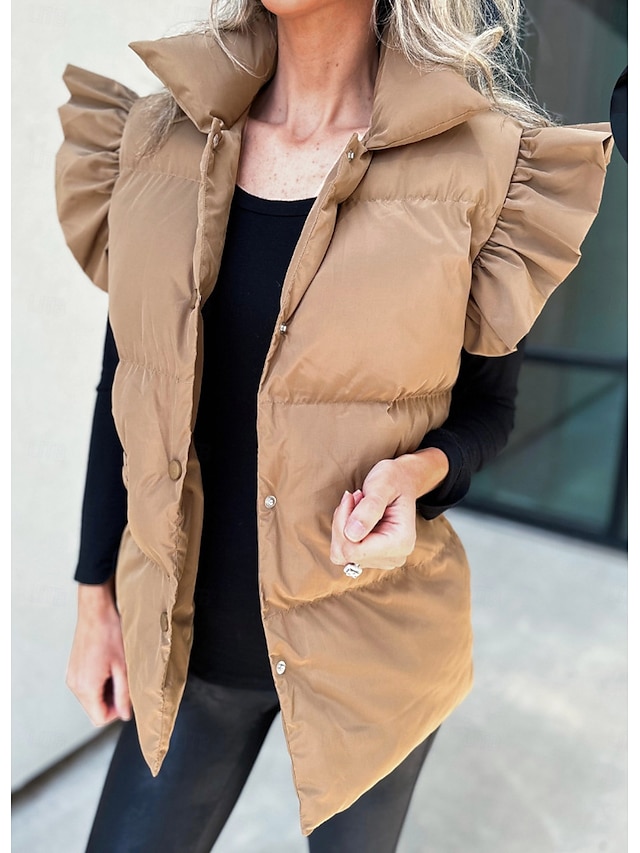  Dames Vest Buiten Straat Dagelijks Herfst Winter Normaal jas Normale pasvorm Houd Warm Ademend Hedendaags Stijlvol Jacks Mouwloos Effen Kleur Met zakken Zwart Blozend Roze Khaki