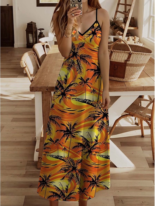  Women's Maxi Dress Sundress A Line Dress Floral Dress Flowy Vacation Casual Beach Regular Fit Bohemian Boho Sleeveless V Neck Orange Summer Spring