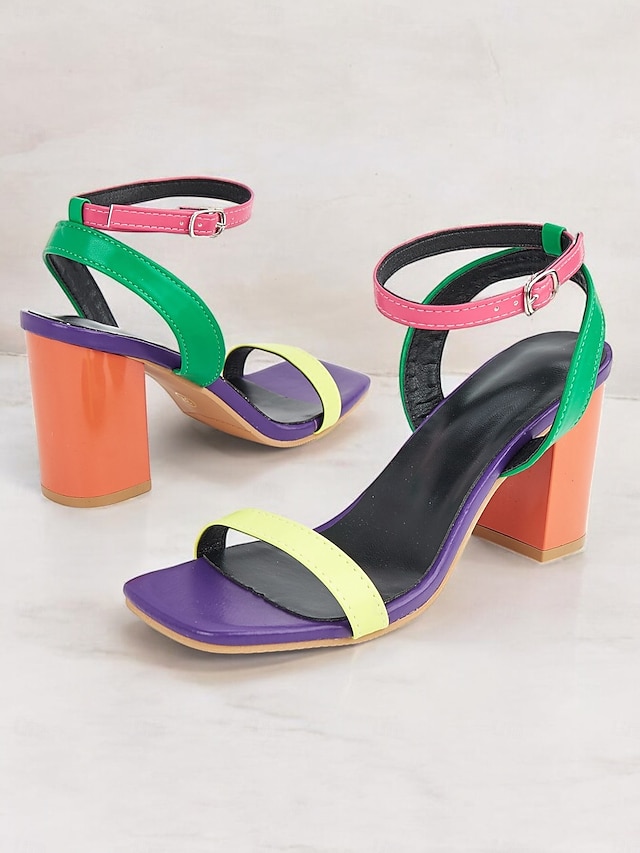  sandali da donna multicolor con tacco a blocco, cinturino alla caviglia e punta aperta, eleganti scarpe estive per feste, matrimoni e uscite informali