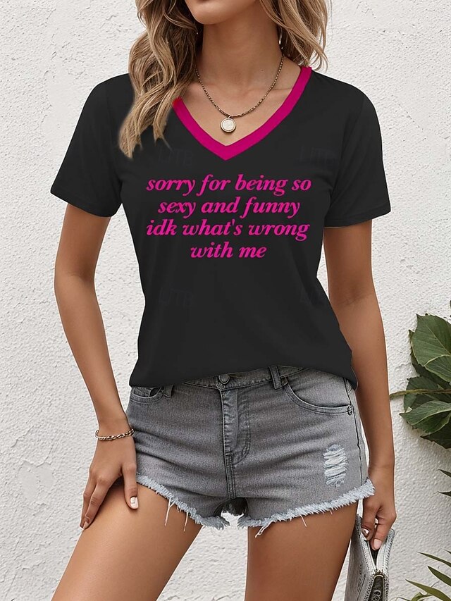 Women's T Shirt Letter Stylish Casual Short Sleeve V Neck Regular Tops Daily Print Black Summer4