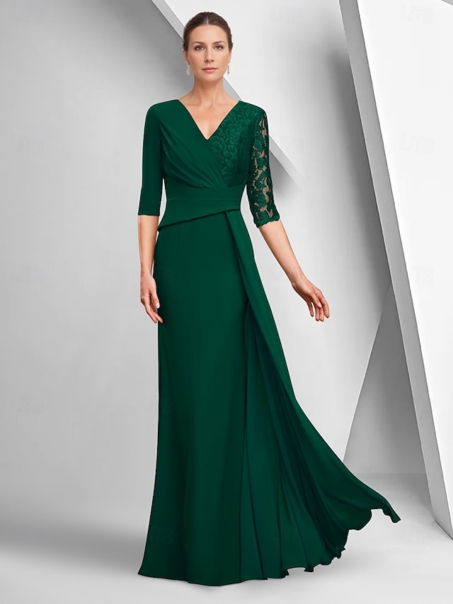  A-Linien-Kleid, elegantes Kleid für die Brautmutter, U-Boot-Ausschnitt, knöchellang, Stretch-Stoff, halbe Ärmel, mit Spitzenlage, einfarbig, 2025