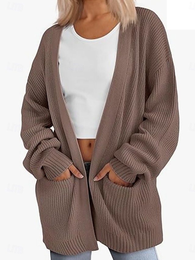  Pentru femei Pulover Bluza Elegant Modă Șic Stradă Culoare pură Deschis frontal Buzunar Tricotat Manșon Lung Topuri obișnuite Tricotat În aer liber Zilnic Sfârșit de săptămână Roz Îmbujorat Maro
