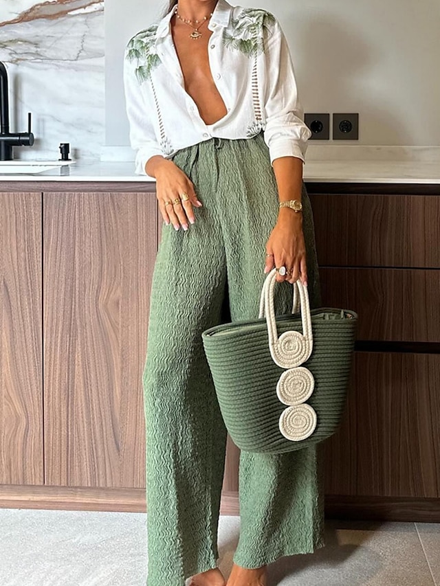  Damen Mode Streetwear Täglich Hemd Leinen-inspirierte Sets Zweiteilige Sets Weitbeinige Hosen Langarm Rundhalsausschnitt Blumen Kordelzug Druck Lässig Täglich Grün Frühling & Herbst Normale Passform