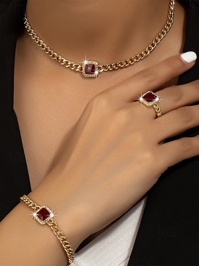  conjunto de joias de corrente de ouro feminino com pedra preciosa quadrada vermelha – colar, pulseira e anel para casamentos, festas e ocasiões elegantes