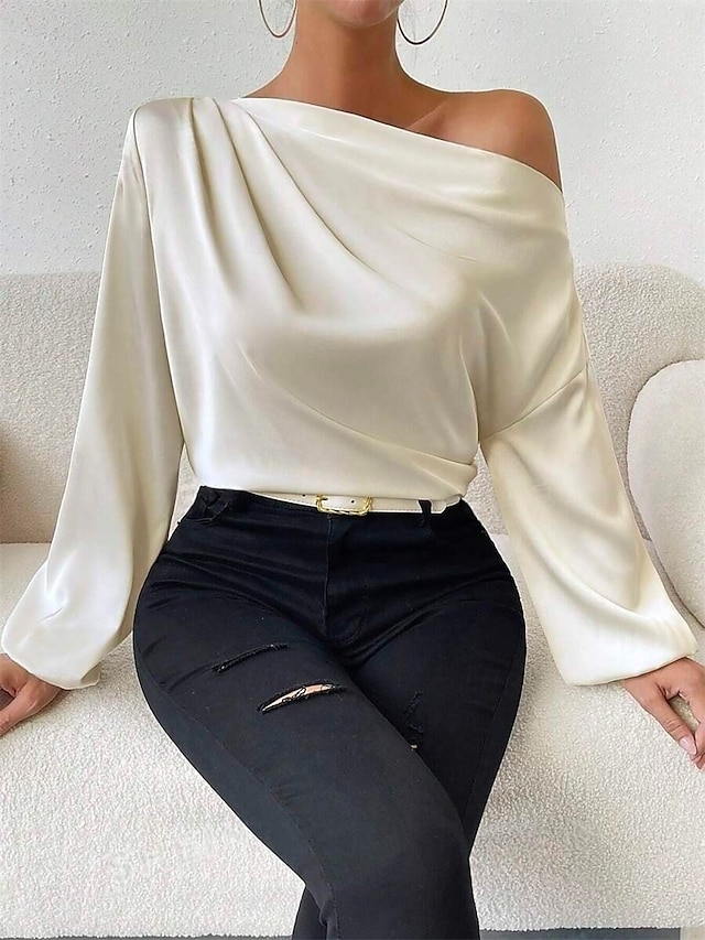  Women's Elegant Dressy Satin Blouse Solid Color Basic Casual Long Sleeve Lantern Sleeve Asymmetrical Regular Tops Work Daily Holiday Ruched Patchwork White Green Beige Spring Fall