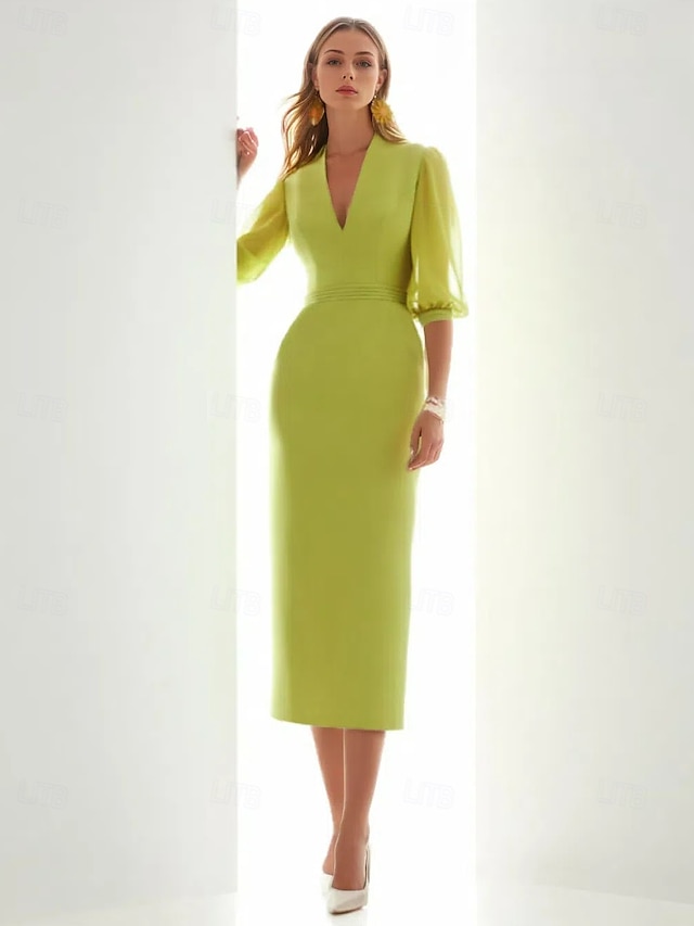  Robe Cocktail Fourreau  Col Mariage Plage Élégante Robe Formelle Mi-Longue Manches Mi-Longues Décolleté en V Poche Chiffon avec Fronces Robes