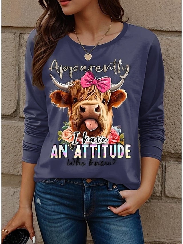  Pentru femei Tricou Animal Scrisă Modă Modern Casual Manșon Lung Stil Nautic Topuri obișnuite Zilnic Sfârșit de săptămână Imprimeu Albastru piscină Toamnă Iarnă