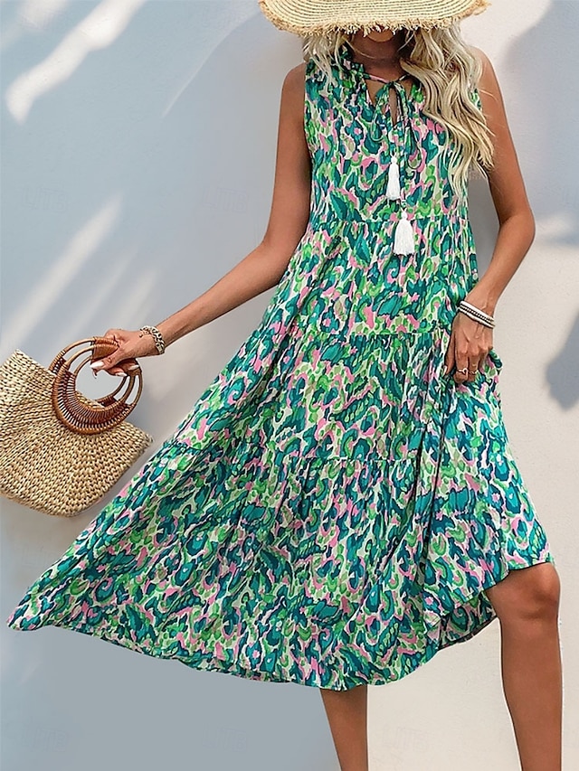 Women's Midi Dress Casual Dress Swing Dress A Line Dress Tank Dress Casual Daily Regular Fit Floral Sleeveless V Neck Blue Fuchsia Green Summer Spring Fall