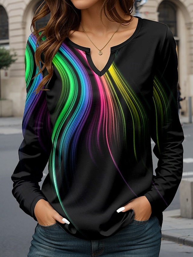  Femme T shirt A Ombre Décontractées manche longue Col cranté Hauts réguliers Vacances du quotidien Imprimer Noir Printemps & Automne