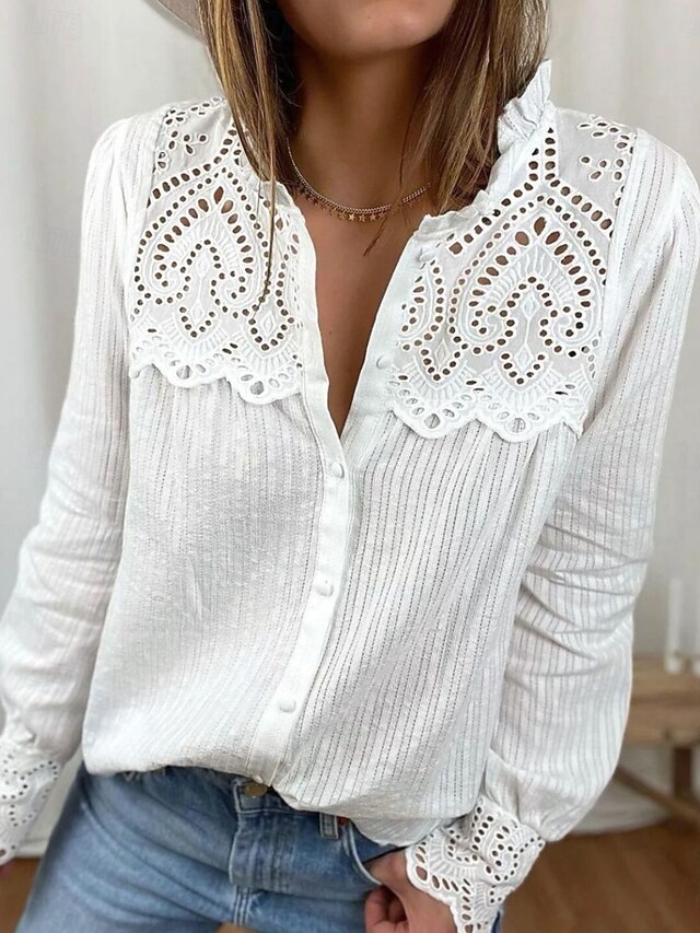 Women's White Elegant Lace Tops Eyelet Blouse Casual Solid Color Regular Tops Long Sleeve Shirt Collar Buttons Regular Fit Daily Romantic Petite Tops Summer Holiday Wear White Pink Blue4