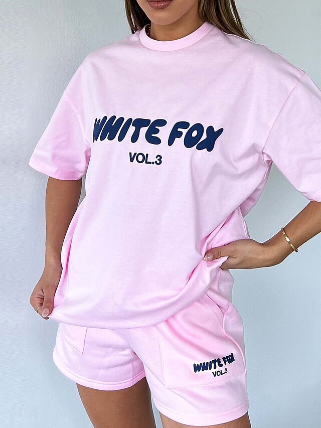 Women's Fashion Daily T Shirt Sweat Shorts Short Sleeve Crew Neck Letter Patchwork Outdoor Casual Black Pink Beige Summer Regular Fit4