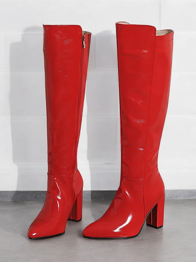 Women's Black Patent Leather Knee-High Boots with Block Heels, Sleek Design for Fashionable Evening Wear and Special Occasions 20