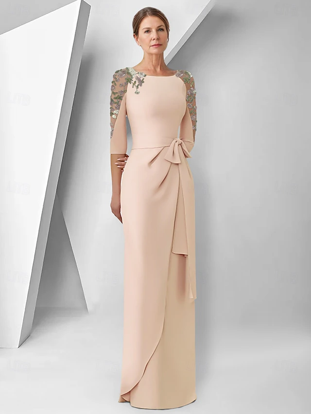 Sheath / Column Dress Mother of the Bride Dress Elegant Jewel Neck Floor Length Stretch Fabric 3/4 Length Sleeve with Lace Embroidery Appliques4