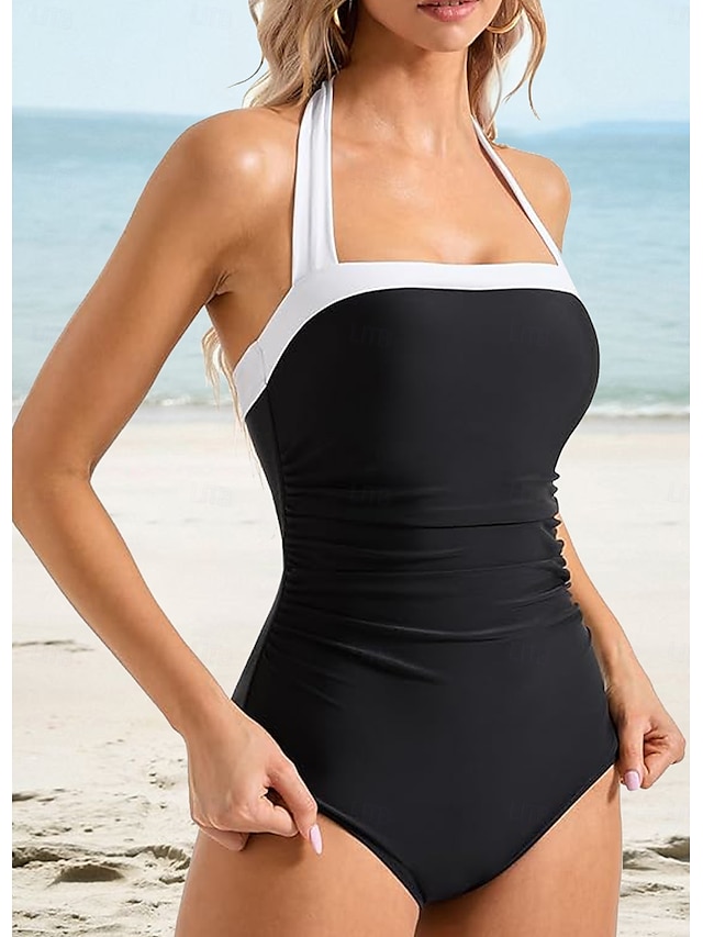 Swimwear One Piece High Cut Swimsuit Ruched Backless Vacation Beach Wear Color U Neck Sleeveless Bathing Suits