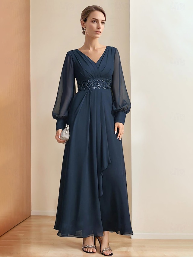  A-Linien Kleid Mutter der Braut Kleid Elegantes Party V-Ausschnitt Bodenlang Chiffon 3/4 Ärmel mit Perlen