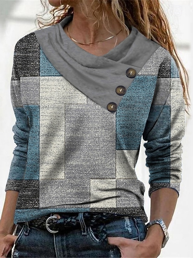  Women's T Shirt Geometric Abstract Daily Basic Long Sleeve Pile Neck V Neck Regular Tops Casual Weekend Buttons Print Red Navy Blue Blue Sky Blue Green Fall & Winter