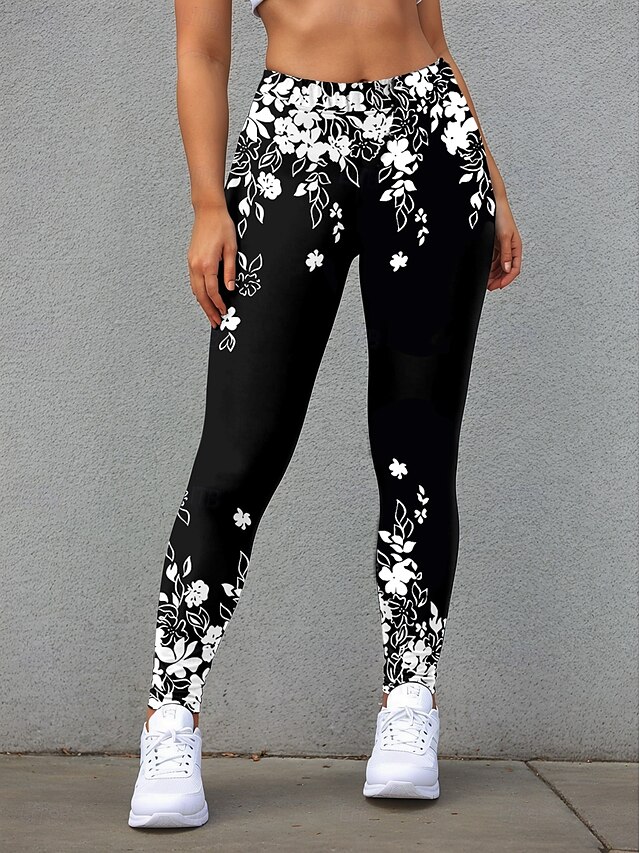  Damleggings Byxor Mode Streetwear Hela längden Hög midja Blomstertryck Termisk Varm Andningsbar Mjuk Mikroleastisk Utomhus Daglig Svart Höst Vinter Regular Fit