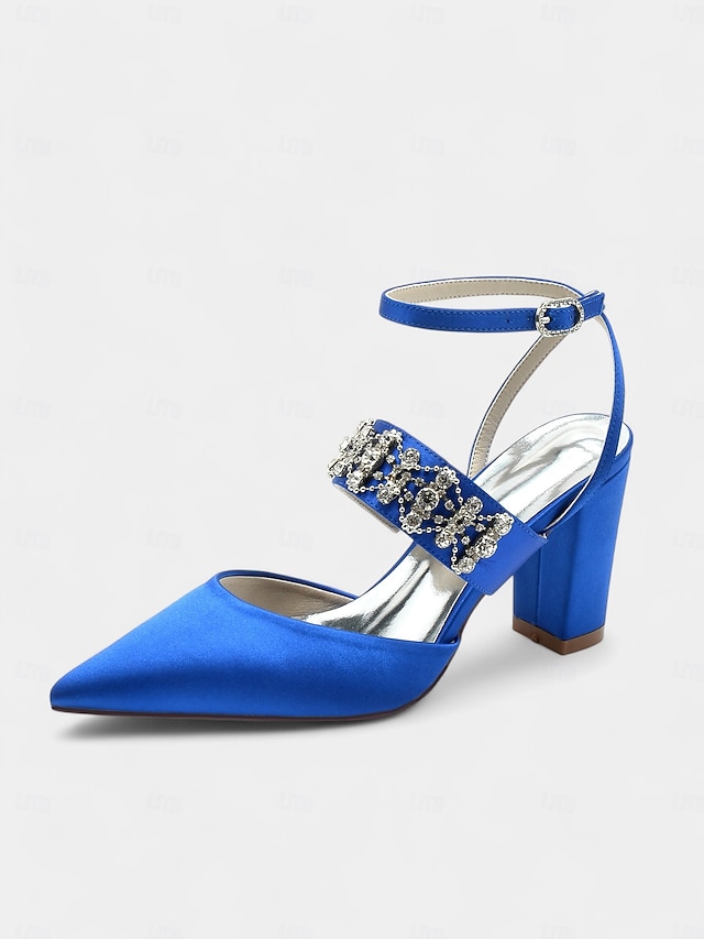  Women's Black Satin Pointed Toe Heels – Rhinestone Embellished Ankle Strap Chunky Heels for Evening Parties and Weddings