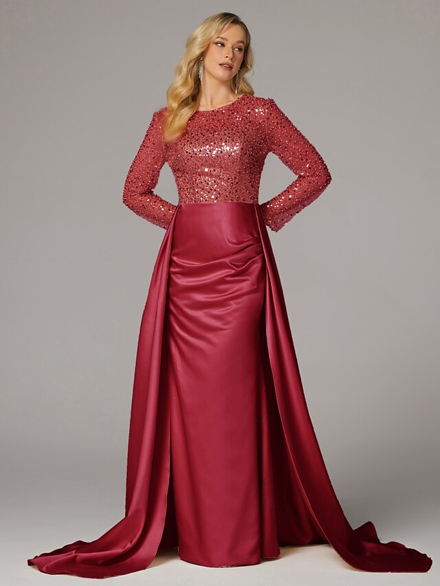  Meerjungfrau Abendkleid Elegantes Kleid Karneval Maskerade bodenlang langärmlig Illusions-Ausschnitt Champagner Brautmutter Kleid Satin mit Perlen Überrock