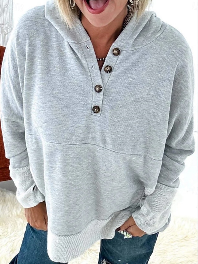  Damen Pullover mit Kapuze Sweatshirt Glatt Brautkleider schlicht Langarm Mit Kapuze Normale Oberteile Strasse Alltagskleidung Knopf Rote Hell Gray Dunkelgray Frühling Herbst
