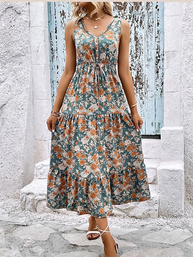  Per donna Vestito longuette Abito casual Abiti Boho Chic Abito senza maniche Boemia Moda Informale Da mare Giornaliero Spiaggia Morbido Pop art Senza maniche A V Nero Blu Estate Primavera