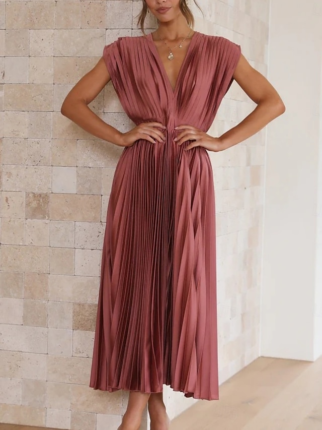  Pentru femei Rochie casual Rochie Maxi Zdrobit Casual În V Fără manșon Negru Șampaniu Fucsia Culoare