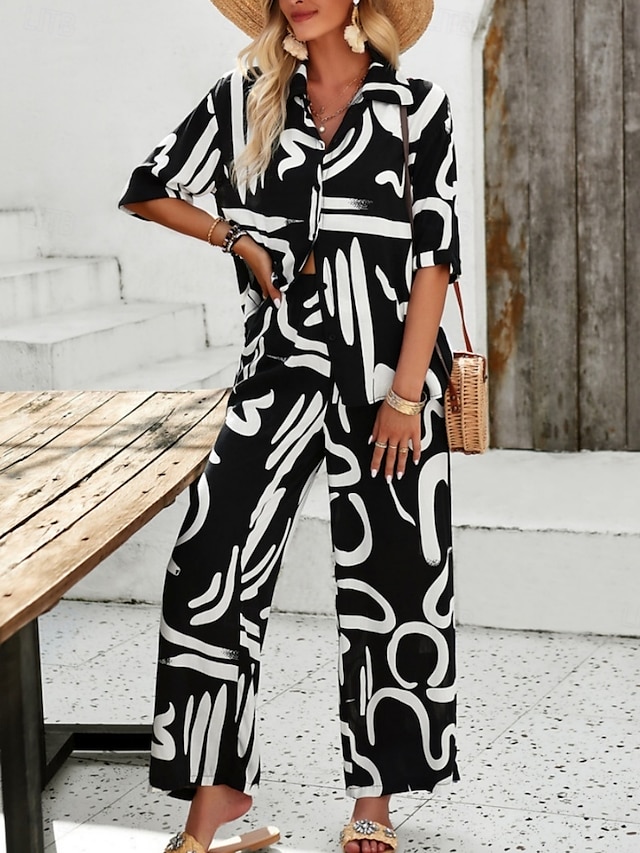  Damen Modisch Strassenmode Täglich Hemd Bluse Hose mit weitem Bein Halbe Ärmel Hemdkragen Blumen Kordelzug Bedruckt Casual Täglich Schwarz Grün Beige Frühling & Herbst Regular Fit