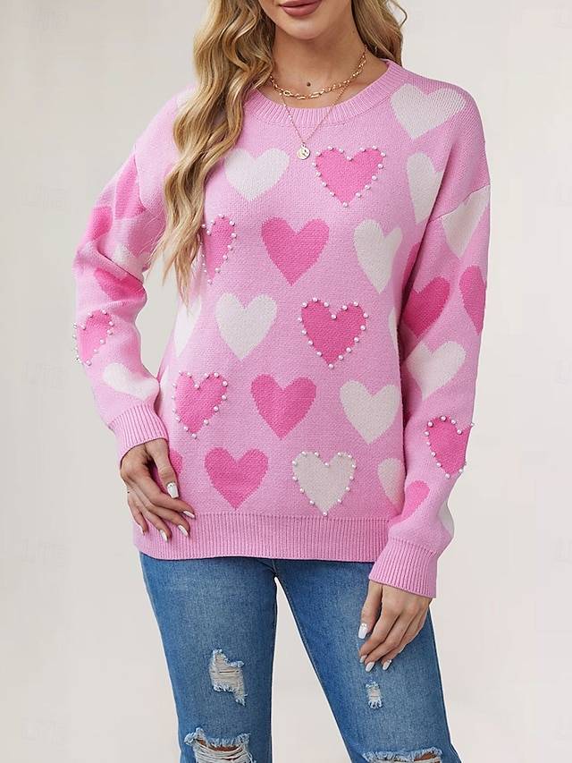  kvinners valentin rosa hjertegenser genser elegant ensfarget v-hals strikket lange ermer vanlige topper strikket mote streetwear utendørs daglig helg svart rosa høst vinter