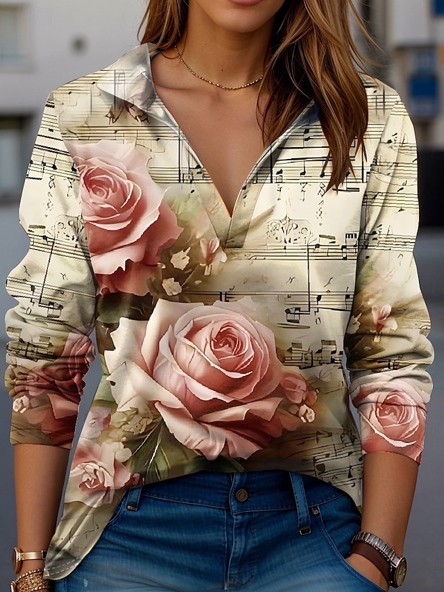  Camiseta Feminina Rosa Moderna Manga Longa Decote V Golinha Tops Regulares Trabalho Estampada Preto Branco Amarelo Rosa Vermelho Verão Primavera Outono