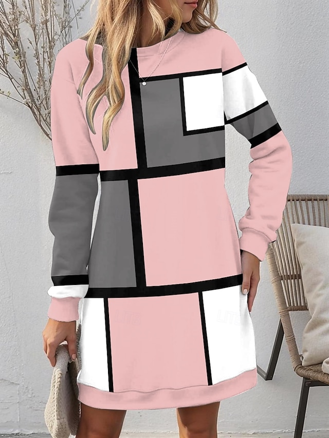  Damen Minikleid Sweatshirt-Kleid Casual kleid Winter Kleid Minikleid Brautkleider schlicht Urlaub Arbeit Strasse Regular Fit Plaid Rundhalsausschnitt Rosa Herbst Winter